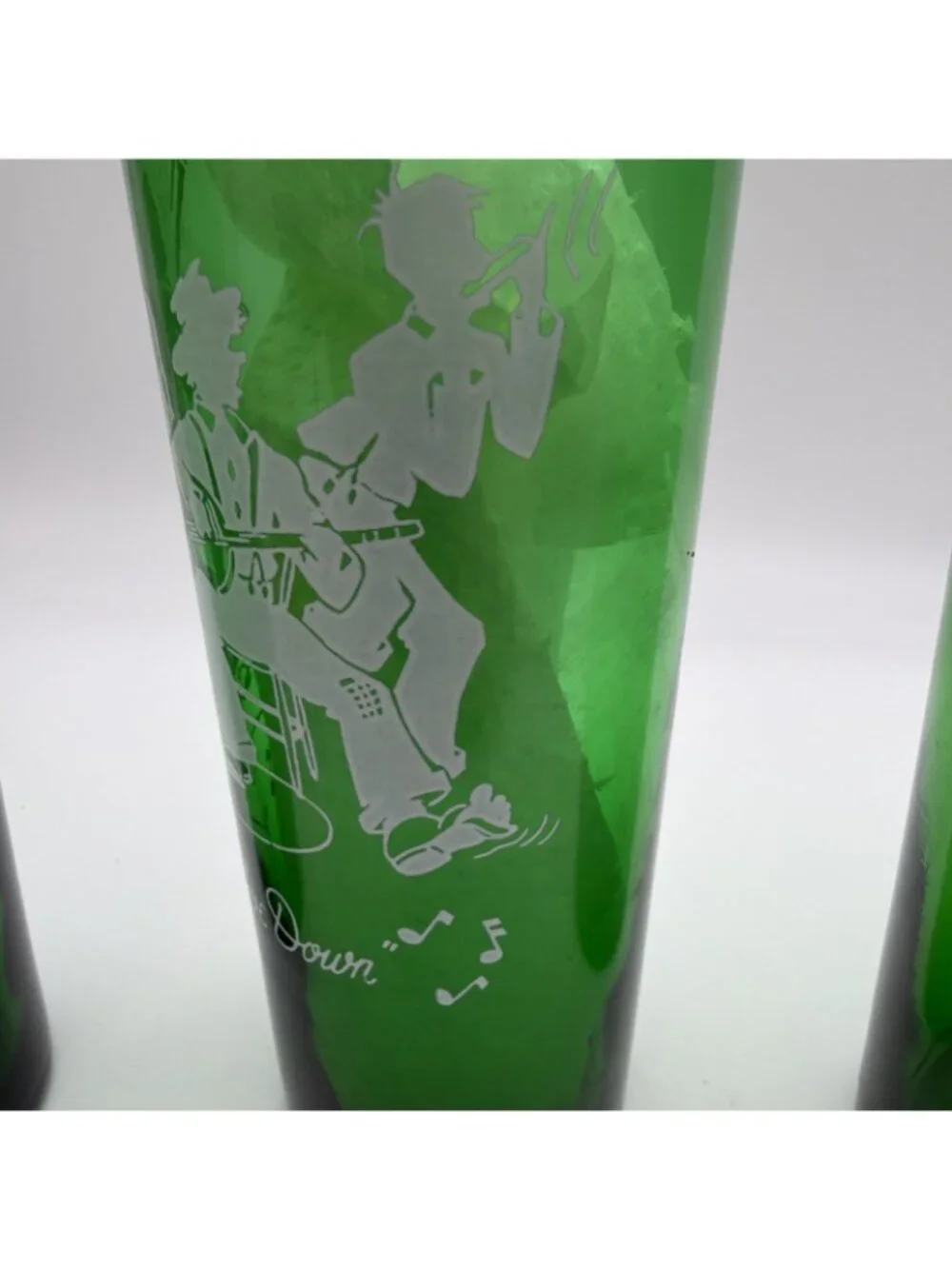 4 ANCHOR HOCKING GREEN DRINKING GLASSES MCM Various Scenes Highball 6.5”